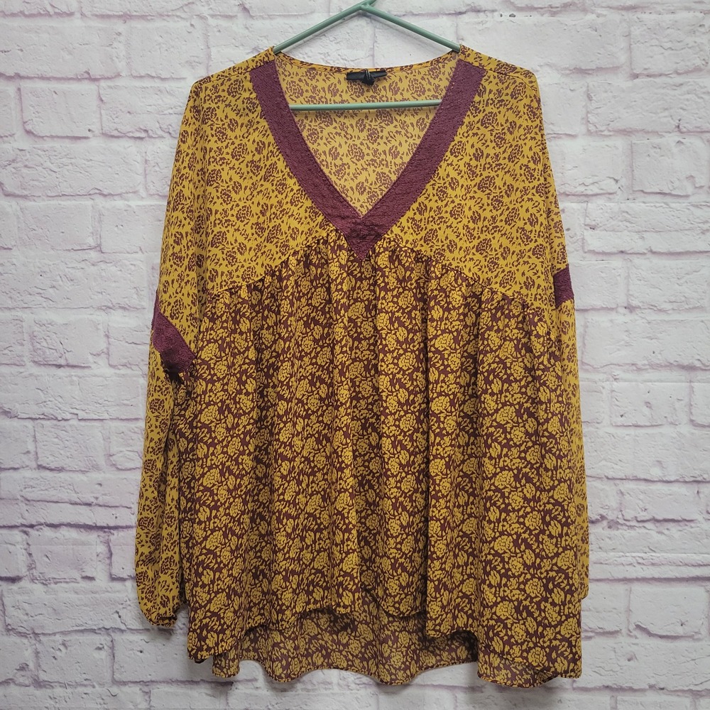 Lane Bryant Boho Floral Blouse 18/20 Flowy Semi Sheer‎ Peasant Cottage Indie